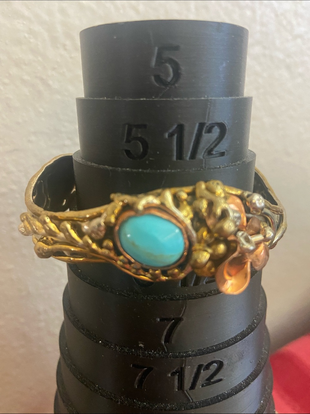 Vintage 80s Hammered Mix Metals & Turquoise Stone Cuff Bracelet - Picture 1 of 9
